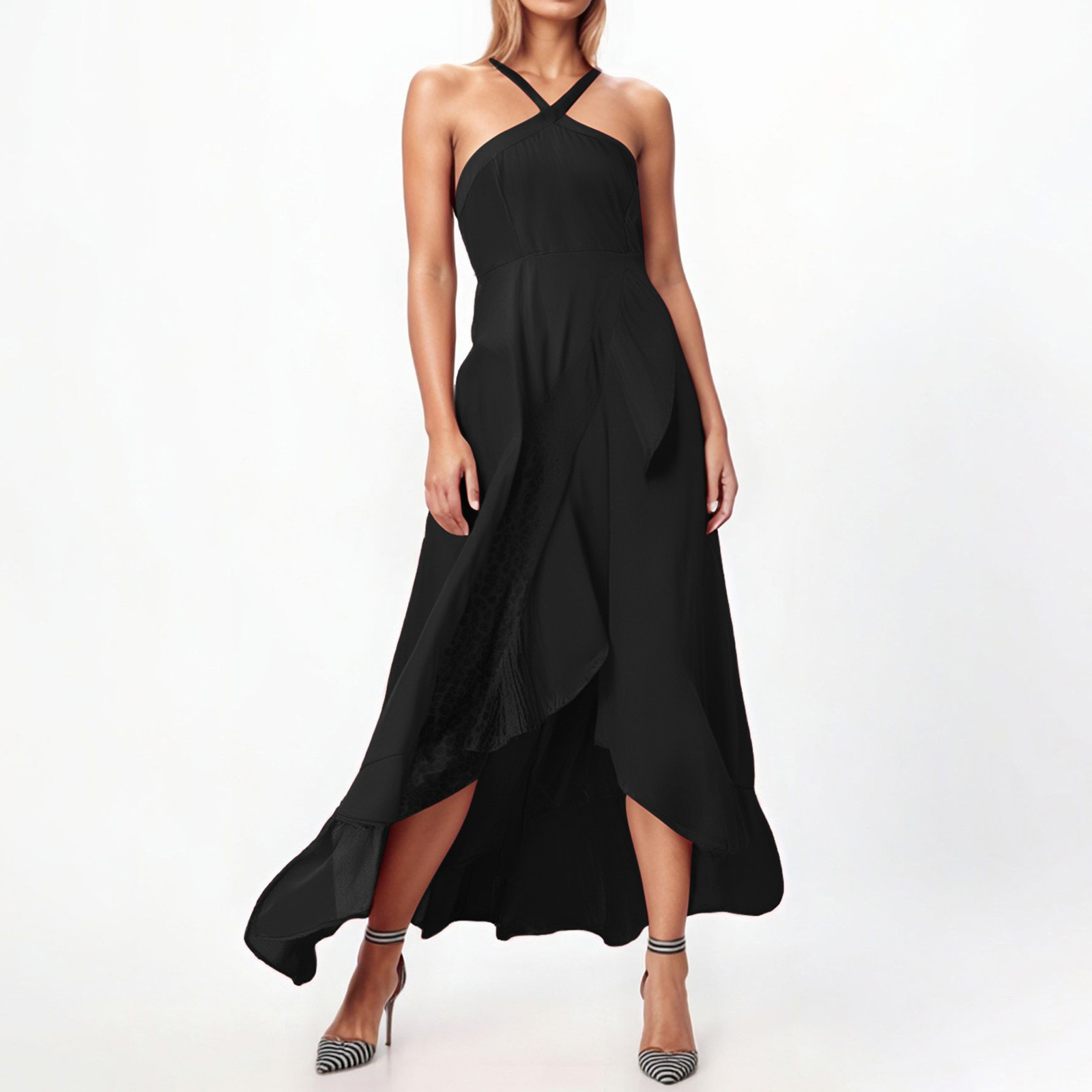 thumbnail image 2 of Vestido de fiesta de verano fluido para mujer con tirantes con volantes: elegante color liso, tejido ligero, cómodo para ocasiones especiales., 2 of 5